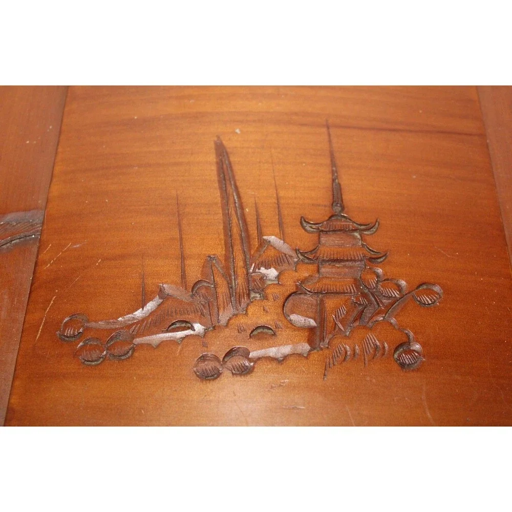 Vintage Asian Wood Carved Large Jewelry Box Dragon Red Velvet Lining SEE NOTE